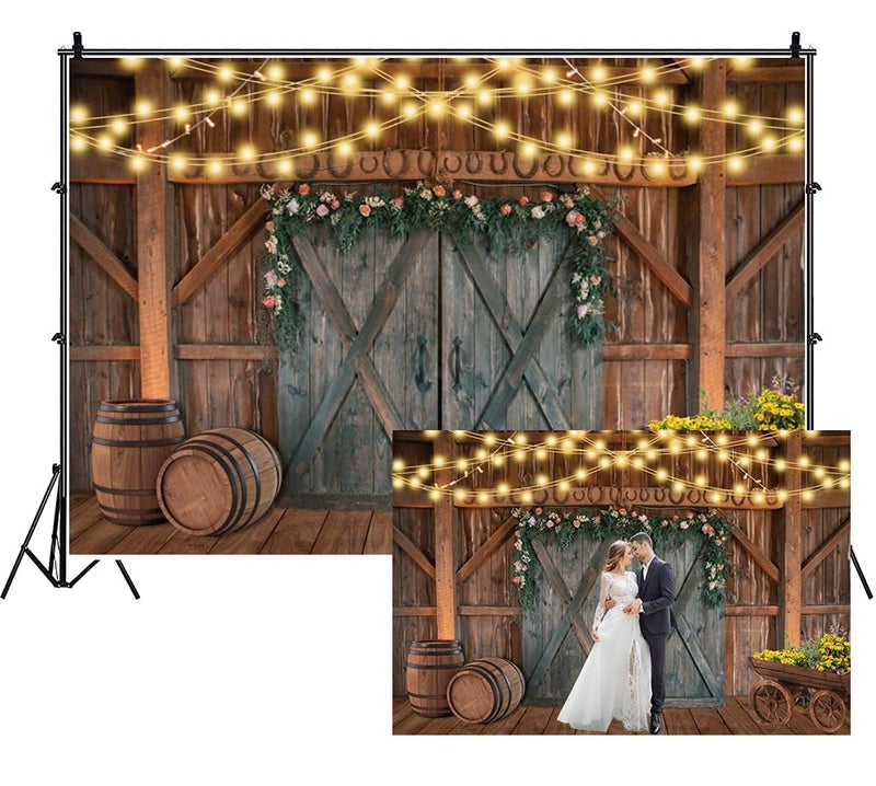 Leowefowa Shabby Chic Countryside Wedding Backdrop 10x8ft Rustic Floral Barn Door Light Strings Barrels Photography Background Bridal Shower Photo Booth Western Themed Party Banner Studio Props - Image 1